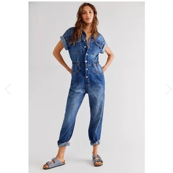 We The  Free Womens Jumpsuit Size Medium Blue Marci Denim Coveralls Short Sleeve - Picture 10 of 10